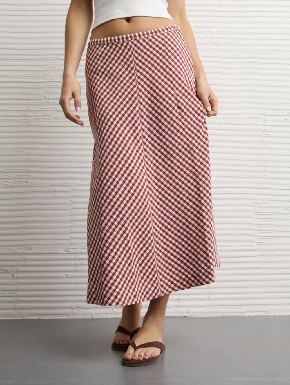 American Eagle Red White Maxi 100% Cotton + Linen Checkered Gingham Midi Skirt